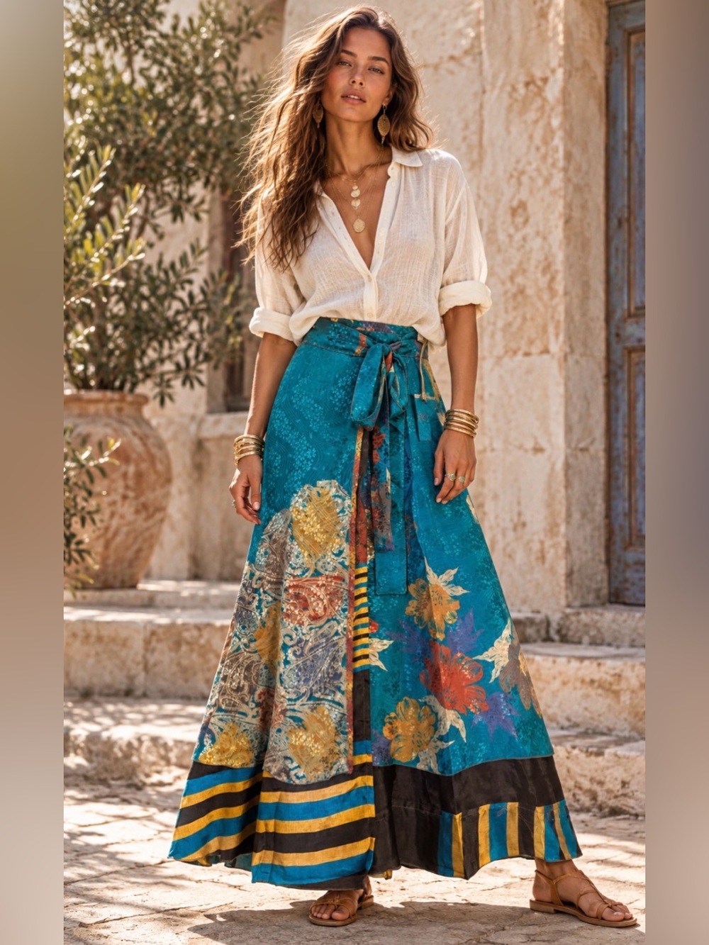 Recycled Silk Blend Long Maxi Wrap Skirt Free Size Floral Multi-Color Indi Boho